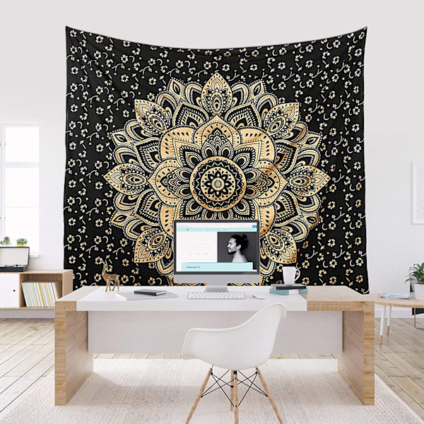 Gobelíni Mandala, Boho seinäkoriste, Musta kulta esteettinen huonekoriste, Seinäkangas Psykedeelinen seinävaate 150×130 cm C 150*130cm