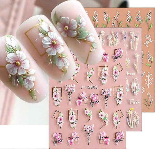 3 st 3D-präglade nageldekaler med blommor och blad