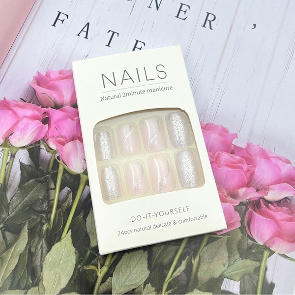 24 stk. falske negle - Almond Square Press on Nails - Fuld dækning falske negle med lim - Franske falske negle Stick on Nails (sølvrosa hvide linjer)