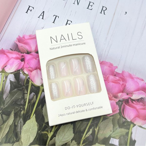 24 stk falske negler - Almond Square Press on Nails - Full Cover falske negler med lim - Franske falske negler Stick on Nails (sølvrosa hvite linjer)