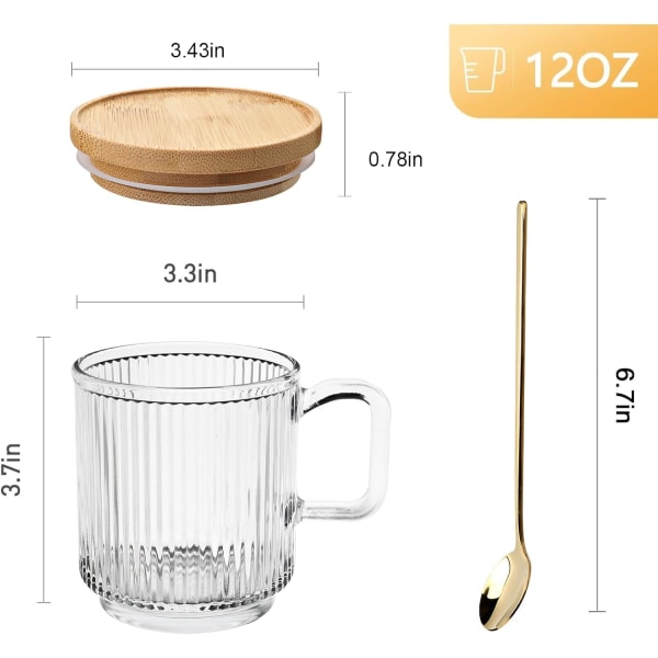 [4 Pack, 12 OZ-Premium glaskaffekrus med låg og skeer, klassiske lodrette striber kaffekop, glaskrus til varme/kolde drikke.