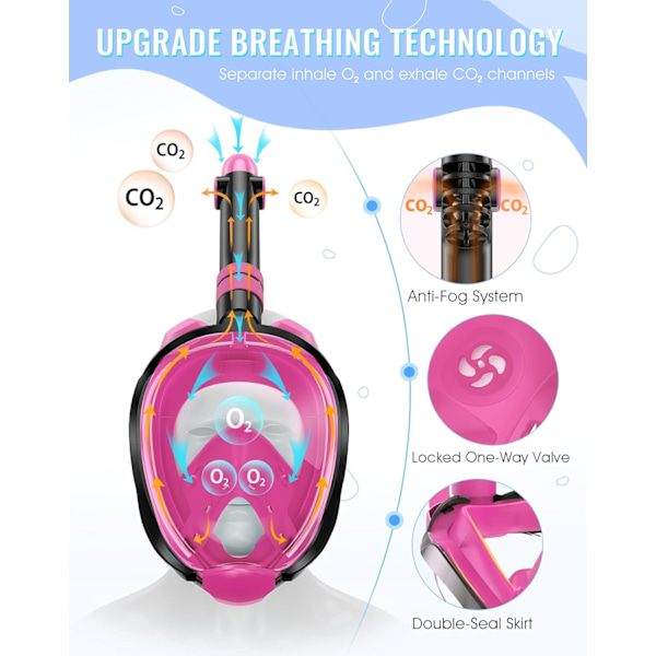 Helmask Snorkelmask med Senaste Torrt Opp System, Vikbar 180 Graders Panoramasyn Snorkling Mask - Rosa - L