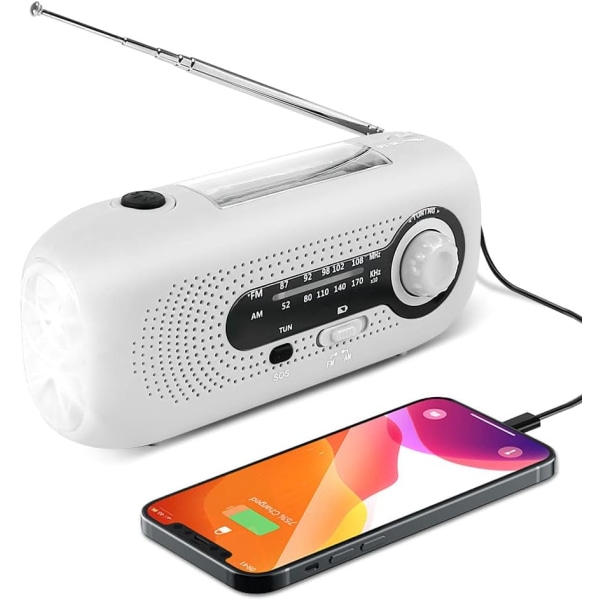 Solardriven radio, nödradio med vev, solcellsdriven AM/FM väderradio med 5 LED-ficklampa, 2000mAh nödströmbank för camping (vit) White