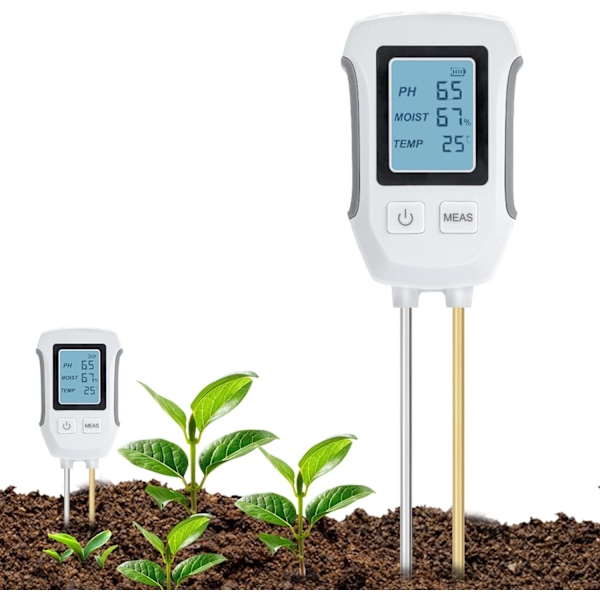 3 i 1 Jord pH-tester, Syre-Base Jordtestdetektor, Temperatur- og fugtighedsmåler med baggrundsbelyst LCD-display Kompatibel med havearbejde/potteplanter/landbrug