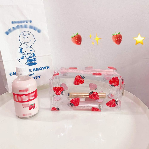 Genomskinlig sminkväska kosmetisk väska rese tvättväska toalettartiklar förvaringsväska pennfodral för kvinnor flickor jordgubbe Strawberry