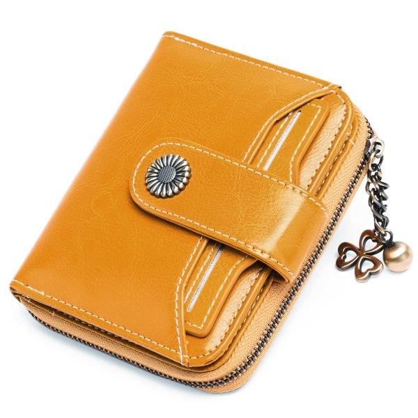 Liten plånbok för kvinnor, plånbok i äkta läder för kvinnor, med myntfack, liten plånbok med dragkedja, korthållare med RFID-blockerare, gul yellow