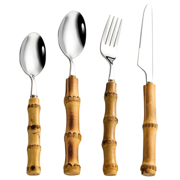 4- set i rostfritt stål, set med bambuhandtag, 1 gaffel, 1 bordskniv, 1 matsked, 1 tesked