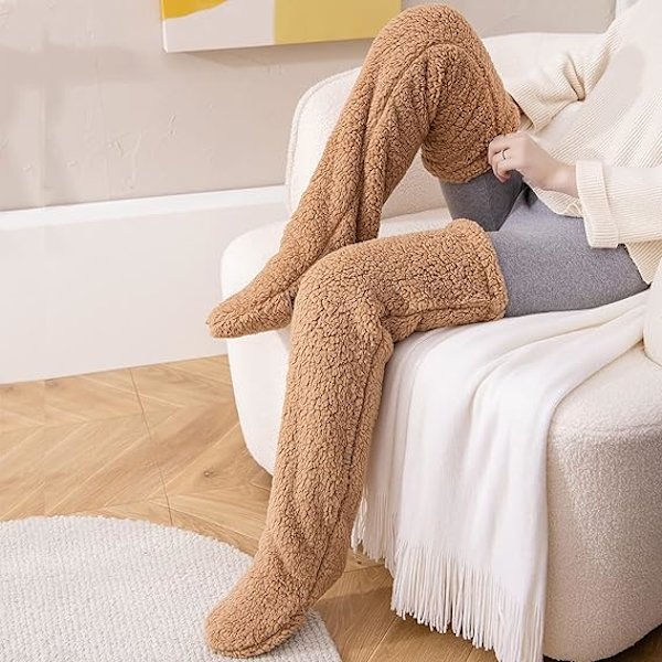 Overknees Fuzzy Sokker Vinter Plysj Lange Beinskjolders Myke Toesko Strømper Kvinner Jenter Jul Hjem Sovesokker, Brun