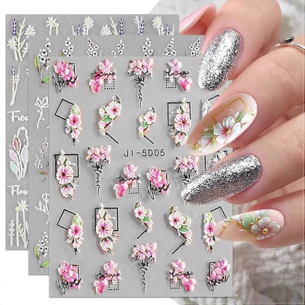 3 st 3D-präglade nageldekaler med blommor och blad