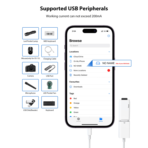 USB adapter för iPhone iPad, MFi-certifierad Lightning till USB -adapter stöder kamera, kortläsare, USB minne, tangentbord, mus och mer.
