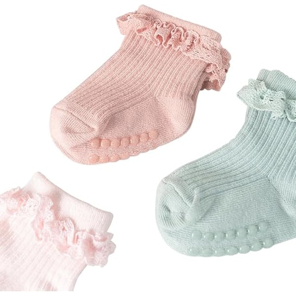 Nyfödd halkfria vår- och höststrumpor i bomull med spets, 0-6 månader, flicka, vit+rosa+grön