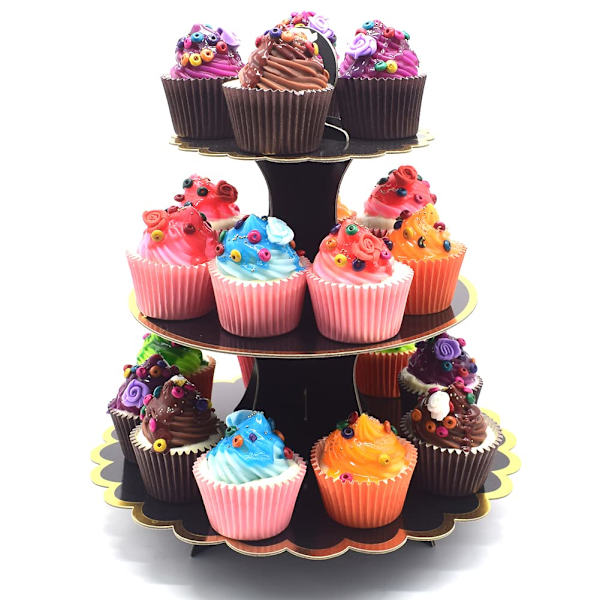 3-kerroksinen pahvinen cupcake-teline, kertakäyttöinen cupcake-näyttötorni, musta, juhliin, häihin, syntymäpäiväjuhliin Black