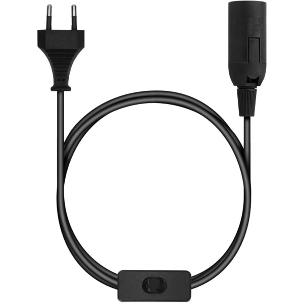E27-sokkel med ledning - Lampeløkke for pære med strømkabel stikkontakt og bryter - 1,8 m kabel Black