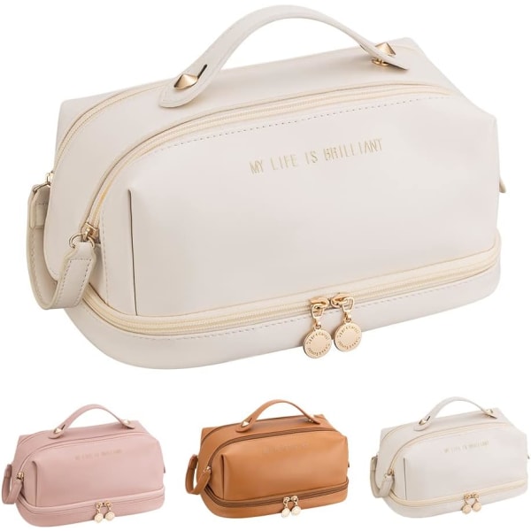 Kosmetisk väska med stor kapacitet, dubbla lager resesminkväska, PU bärbar vattentät toalettväska för kvinnor, flickor (vit) White