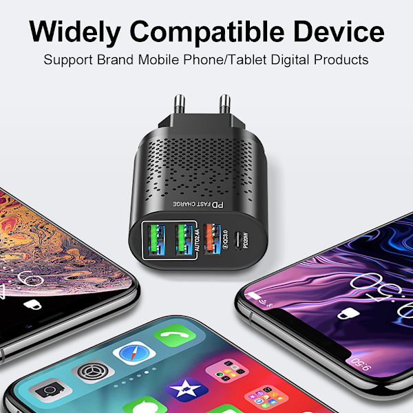 20W PD Hurtiglader med 4 USB C-porter Kompatibel med iPhone 15 Xiaomi Samsung Huawei Ladeadapter for Mobiltelefoner