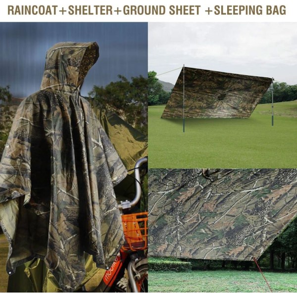 Vanntett regnkappe-regnfrakk, regnponcho for utendørs campingreiser, regntøy med hette med nødhjørner for lybruk (kamoflasje) Camouflage