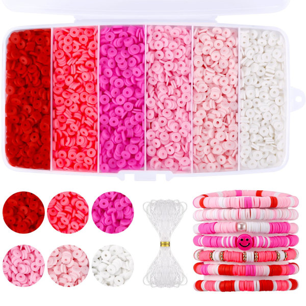 6000 st Platta lerpärlor Rosa, lerpärlor för armbandstillverkning, Heishi-pärlor Polymerlerpärlor kit för smyckestillverkning (6 mm) Pink