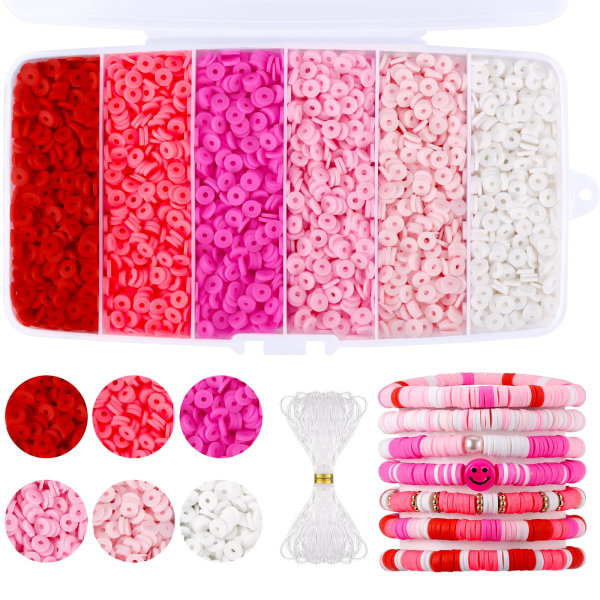 6000 stk. Flat Clay Beads Pink, Clay Beads til armbåndsfremstilling, Heishi Beads Polymer Clay Beads kit til smykkefremstilling (6 mm) Pink