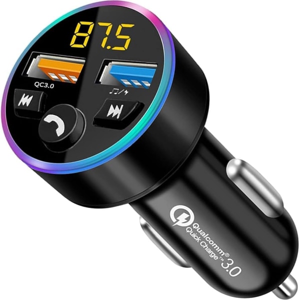Bluetooth äänilähetin autosovittimelle MP3-soitin QC 3.0 nopea autolataus 12V 8 RGB LED 2 USB porttia handsfree-puhelut, tukee TF-korttia ja U-levyä