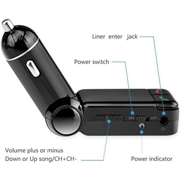 Trådløst Bluetooth Håndfrit Sæt + FM Radio Transmitter + 2 USB Porte 5V/2A Multi-Oplader