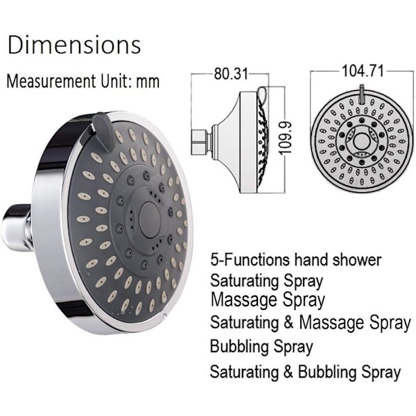 Højtryks fast brusehoved, diameter 10 cm, 5 justerbare spraytilstande, roteret 360 grader, anti-lavt vandtryk, krombelægning