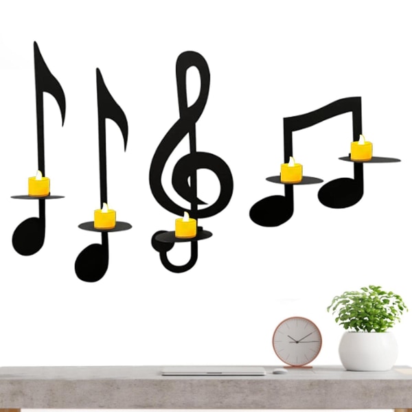 4 stk. Lysestage med musiknoter, sort musiknote-væglampe Iron lysestagedekorationer, fyrfadslysholder, hængende vægskilte Musikdekorationer