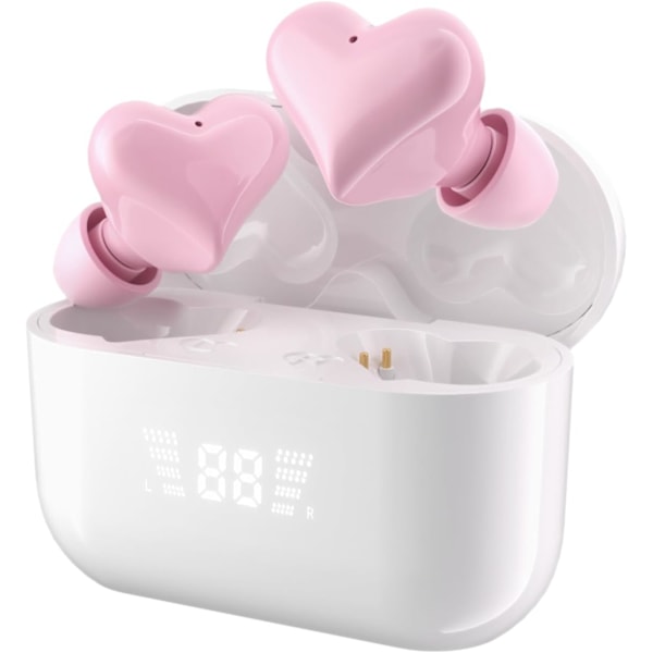 Upgraded Digital Heart-shaped Wireless Earbuds Bluetooth Headset with Charging Case,Light-Weight Headphones Built-in Microphone-pink