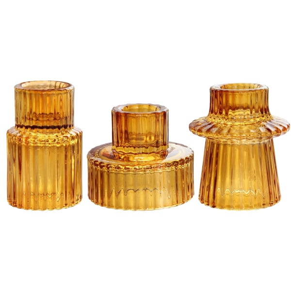 Ljusstake av glas Ljusstake 2-i-1 för koniska/värmeljus/pelarljus, set med 3 för dekoration, middag, bröllop, jul (bärnsten) Amber