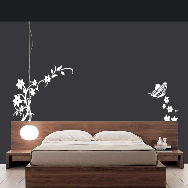 Set med 2 väggdekaler, fjärilar och blommor, väggdekaler, svarta, självhäftande väggdekorationer, väggdekoration för sovrum, vardagsrum white
