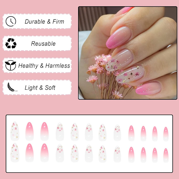 Almond-muotoiset keinotekoiset kynnet, lyhyet, 24 kpl musta ja kulta glitter ranskalaistyyliset keinotekoiset kynnet, ballerina-muotoiset liimattavat kynnet kynsiliiman kanssa, kukallinen gradientti