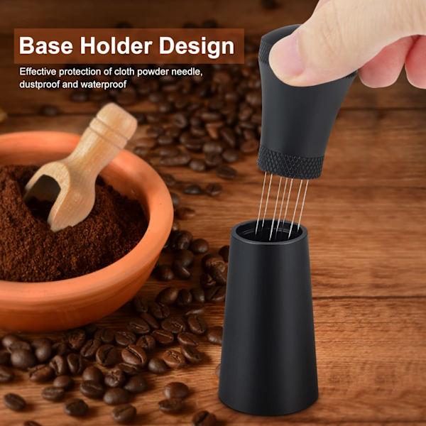 WDT-verktøy for espressokaffe, kaffedistributør i aluminiumlegering med stativ, kaffedistributør med 7 nåler, svart
