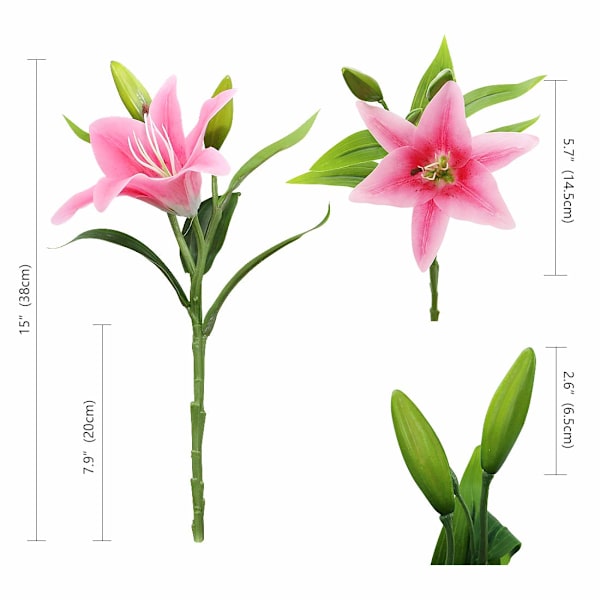 Pakke med 6 hvite kunstige lilje blomster, kunstige plastblomster, kunstige lilje ekte touch hjem bryllupsfest dekorasjon, rosa dark pink