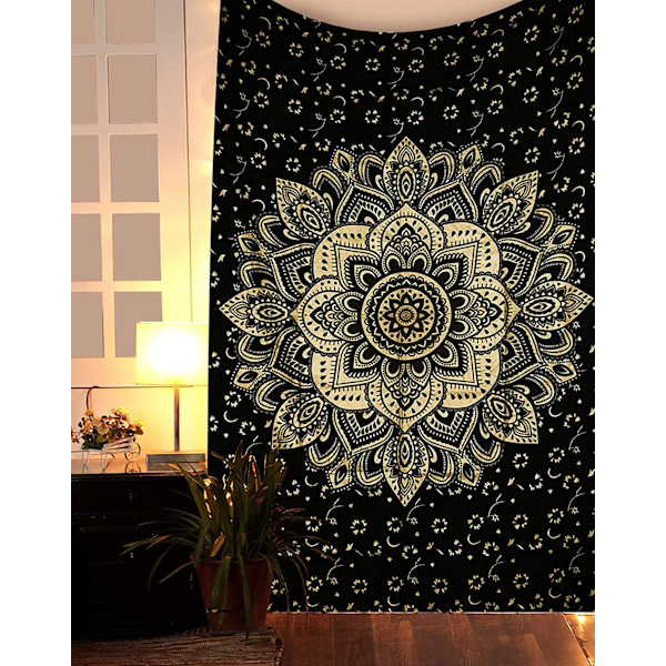 Tapet Mandala, Boho Vægdekoration, Sort Guld Æstetisk Værelse Indretning, Vægklæde Psykedelisk Vægophæng 100x150 cm C 100*150cm