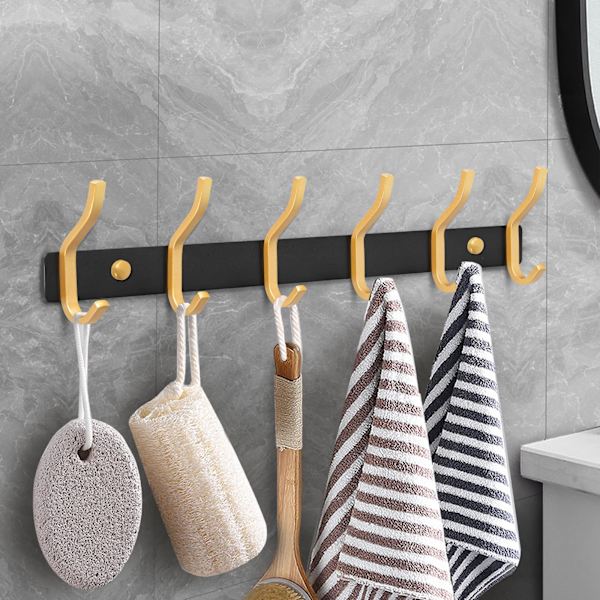 Klädkrok i rostfritt stål, väggkrok, klädkrok med 6 krokar, klädhängare, väggklädhängare för sovrum, badrum, kök black/glod