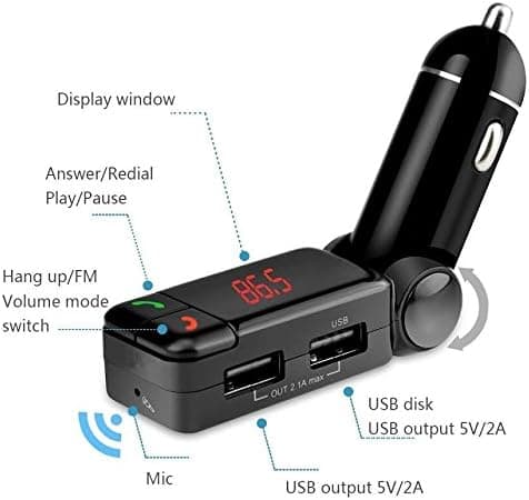 Trådlöst Bluetooth Handsfree-kit + FM-sändare + 2 USB-portar 5V/2A Multiladdare