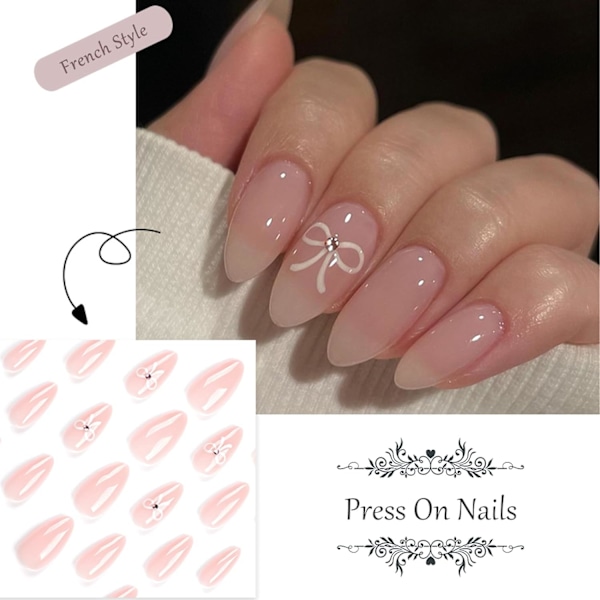24 st Falsiga Naglar - Rosa Fransk Manikyr - Fulltäckande Falsiga Naglar - Vit Mandelformade Naglar - Fransk Manikyr