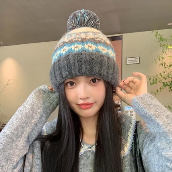 Strikket Beanie-lue for Kvinner Trendy Varm Strikket Lue Høst Vinter Fuzzy Kaldt Værs Beanies Utendørs Dame Skallelue, Grå
