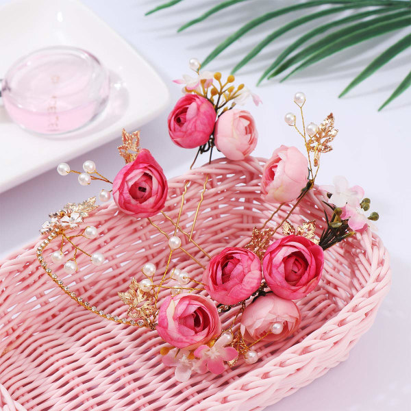 U-formede rosenåle i 4 dele Blomster franske sidekamme Bryllupstilbehør til brude og brudepiger (pink)