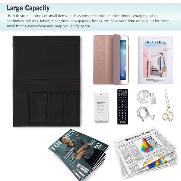 Soffarmstödsorganisatör Tidskrifter Fjärrkontrollhållare Vattentät Caddy Bag Soffa Förvaringsväska för iPad Mobiltelefon Böcker Näsdukar Snacks black