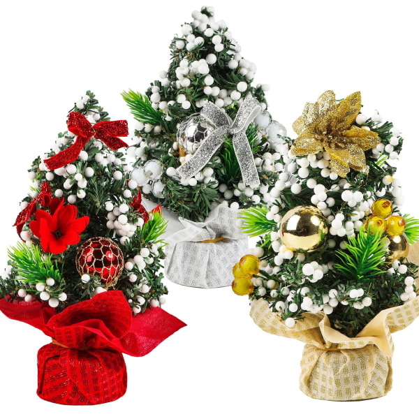 Pakke med 3 små minijuletrær kunstige juletrær til julebordsdekorasjoner