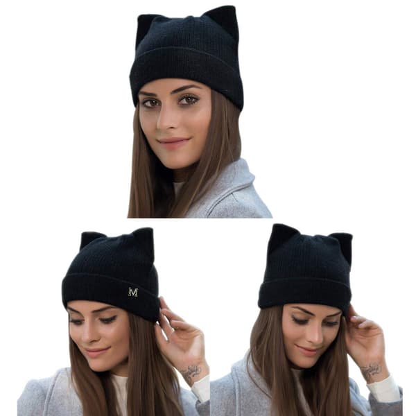 Kvinnors vinter stickade mössa varm mode mössa katt öra mössa black
