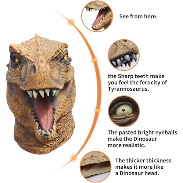 Dinosaur Hovedmaske Nyhed Halloween Kostume Fest Dyr Jurassic Fuld Hoved Latex Maske
