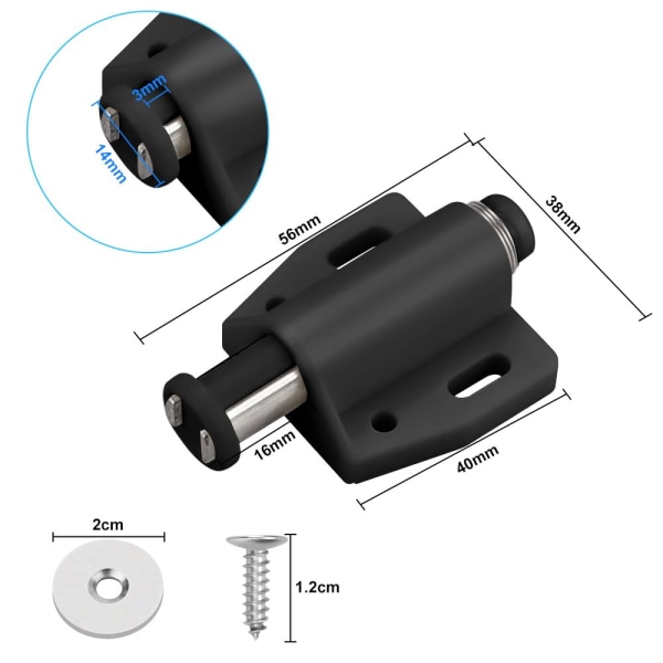 Pakke med 10 magnetiske tryk-døråbnere Magnetisk lås Møbelfjederlås Magnetisk lukning Tryk for at åbne Magnet Tryk lås til skabslåger (Sort) Black