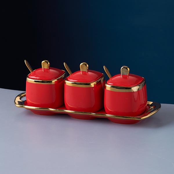 Sæt porcelæns krydderiglas med låg, keramiske sukkerskåle krydderiglas krydderiglas sæt (rød dragt)