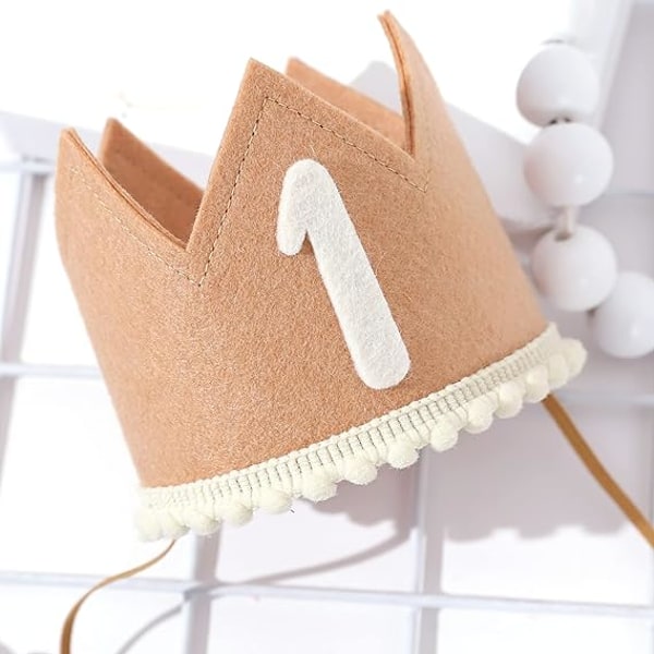 Første Bursdagskronehatt for Baby, 1. Bursdagshatt med Elastisk Bånd, Kort og Søt Bursdagshattdekorasjon (Brun)