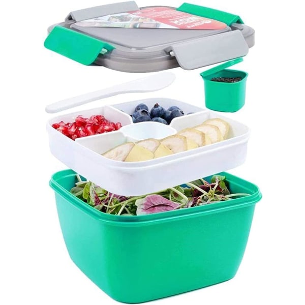 Frokostbeholder, 3-rum til salatpålæg og snacks, salatskål med dressingbeholder, indbygget genanvendelig ske, mikroovnsikker-(grøn) Green