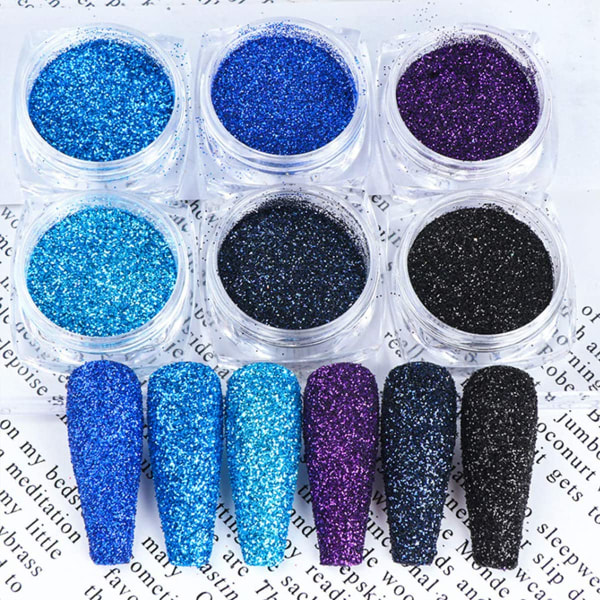 Holografisk negleglimmer charme 6 krukker, farverige blå, sorte, lilla neglekunst pulver håndværk pailletter støvlaser superfin kosmetisk pulver neglepigment