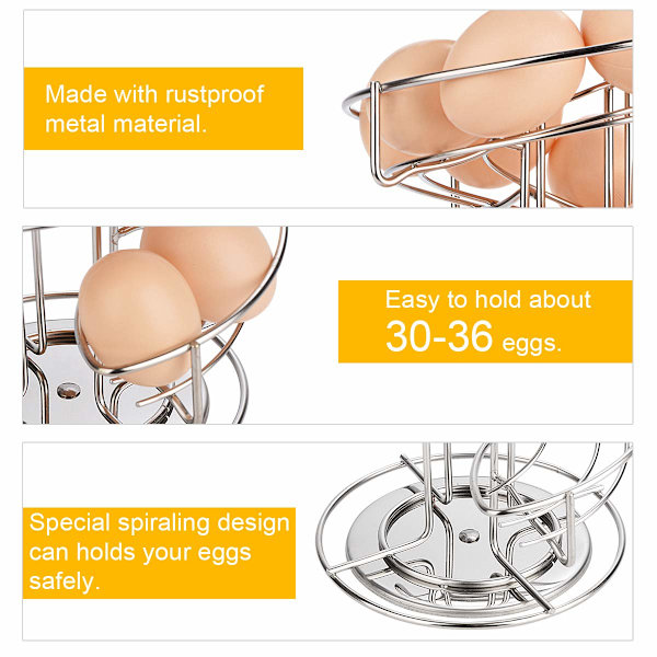 Eggdispenser, eggspiral i rustfritt stål, spiraldesign, eggstativ for ca. 30 - 36 egg, sølv Silver
