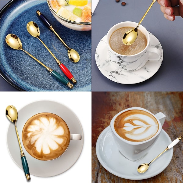 4 stk Latte-skje, rustfritt stål gull lang håndtak skjeer kaffeskje teskje dessertskje, egnet for kaffe, te