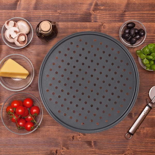 Pizzabrett, sett med 2, rund, perforert, non-stick, pizza og flammekake, karbonstål, sprøtt brett, 32 cm, grå